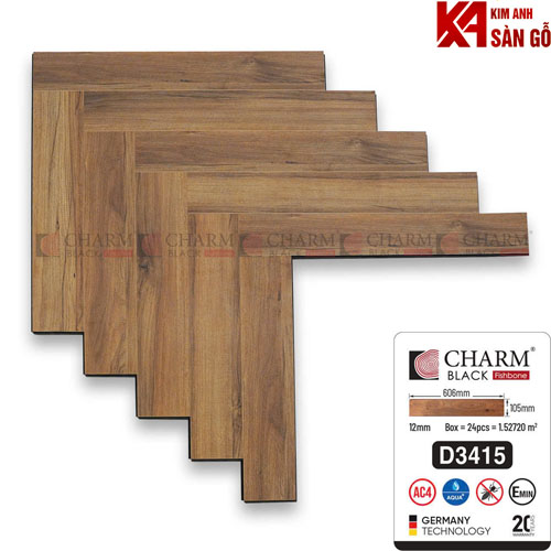 Sàn Gỗ Xương Cá 12mm Charm Cốt Đen D3415